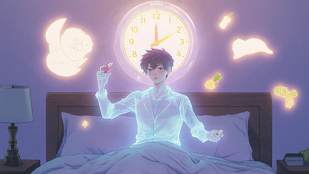 A sleeping man with a ghostly figure holding Cialis, surrounded by health symbols at dawn.