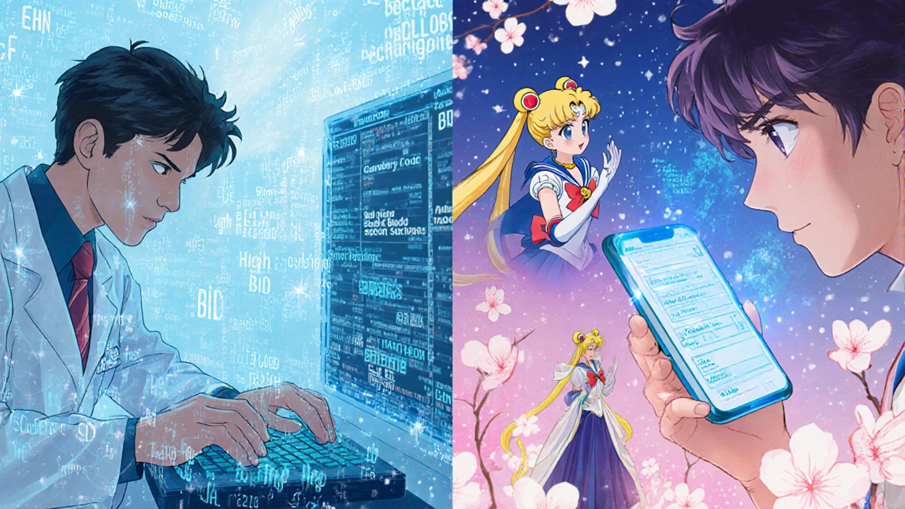 A split scene showing a doctor using complex medical tech while a patient sees the same info translated into plain language on their phone.