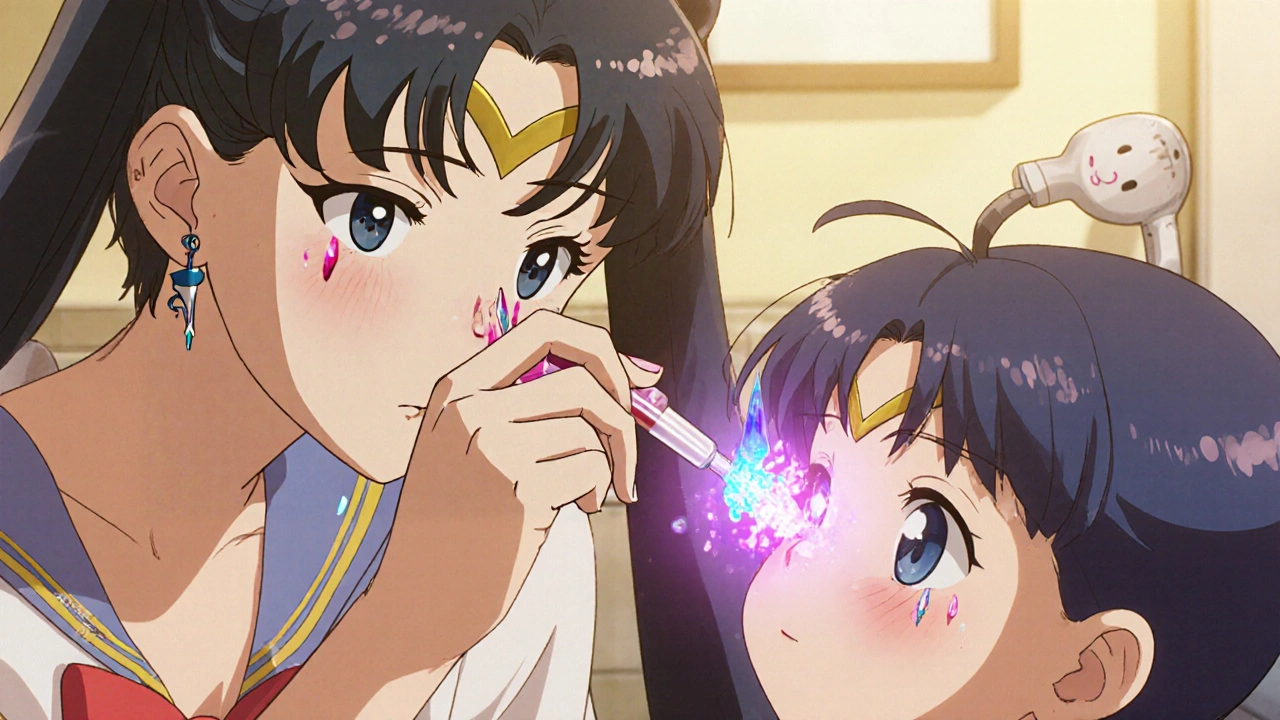 A teen gives ear drops to a sibling, with magical droplets flowing into the ear canal under warm light.