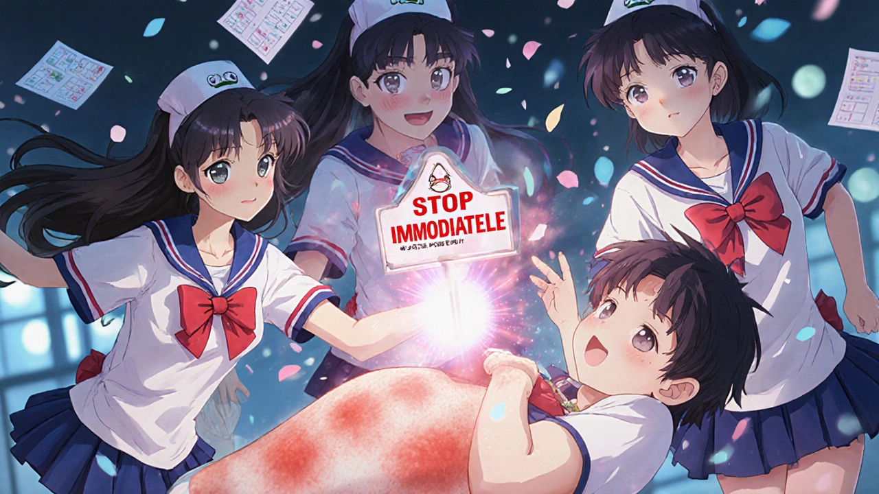 A teen with a glowing rash being helped by medical guardians who emit a healing beam, with warning signs and floating charts in the background.