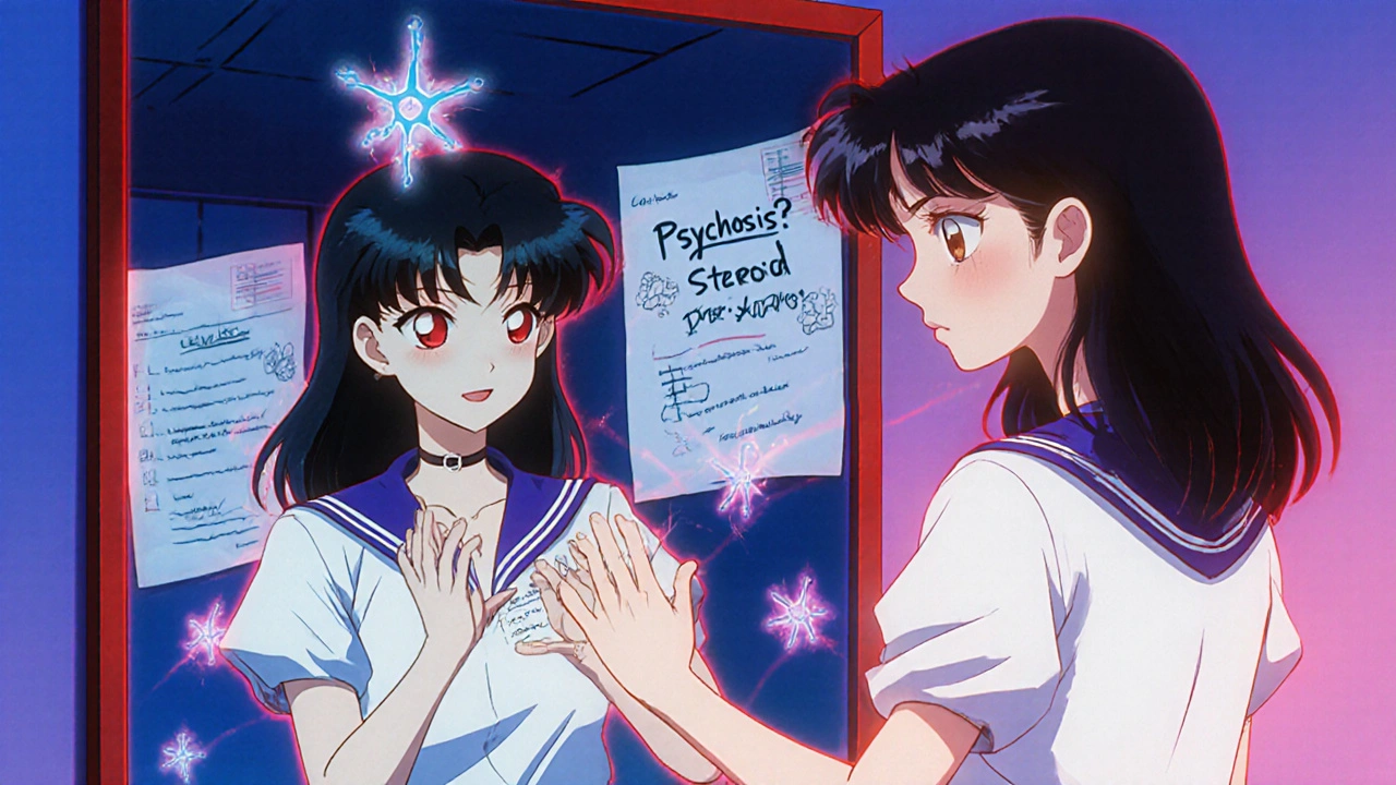 A woman staring at her monstrous reflection in a mirror, glowing red eyes, medical charts fluttering behind her.