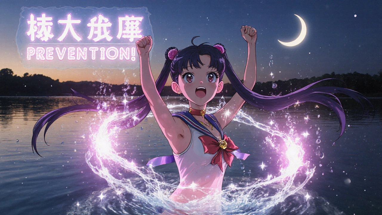 A young athlete emerges from water wearing glowing earplugs, protected by a mist of preventive solution.