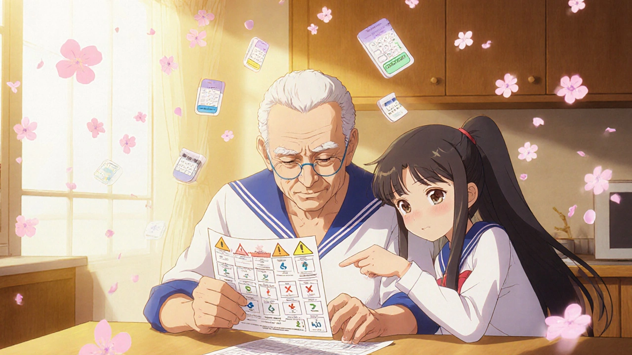An elderly man and his granddaughter review a medication chart together at a kitchen table with warm lighting.