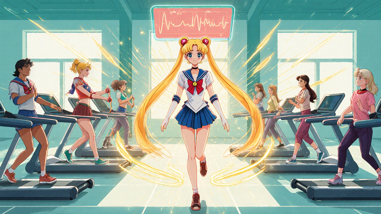 Diverse group exercising in sunny rehab gym with floating heart rate displays and energy trails.