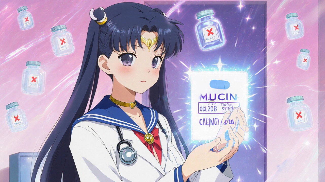 Doctor examining a pill bottle with a glowing hologram display showing drug details in a magical clinic