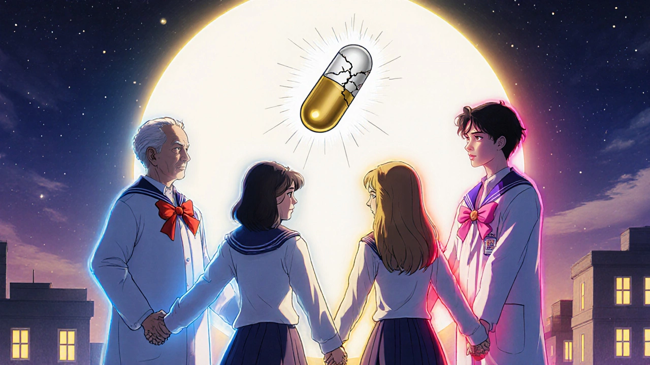 Four people holding hands under a crescent moon, each with colored auras, shielding a cracked steroid pill from above.