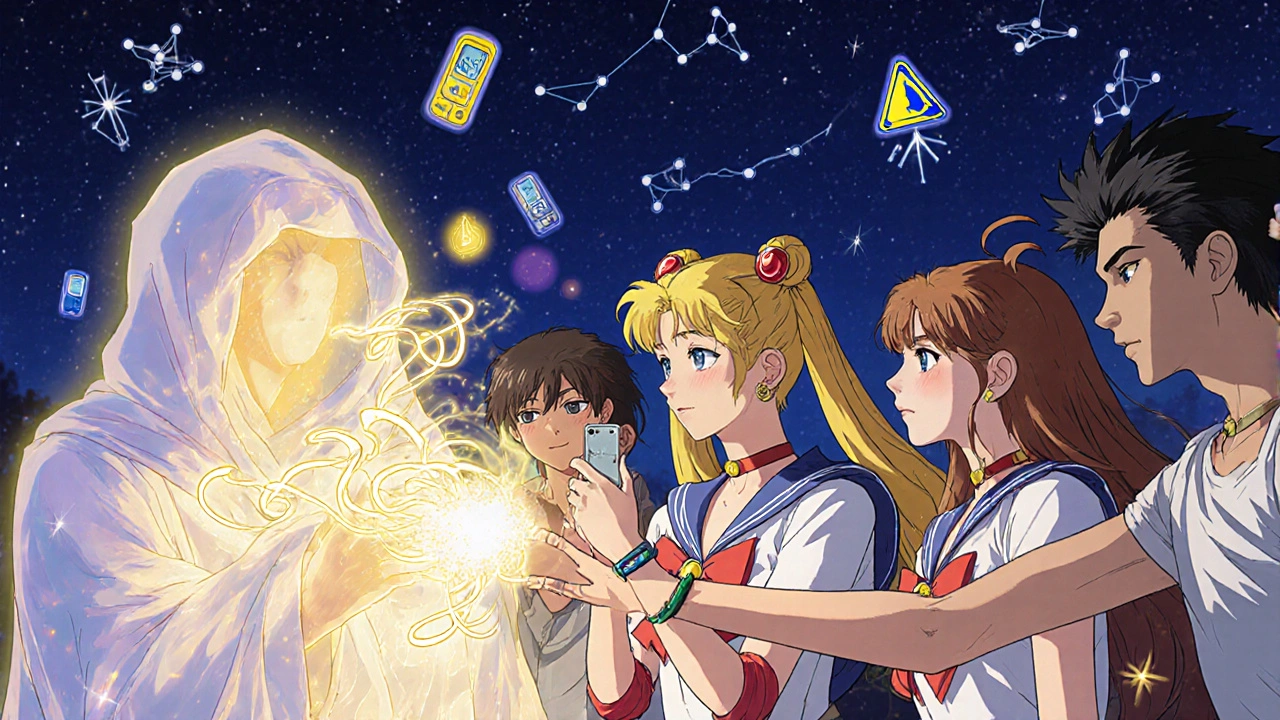 Friends at a party, one checking a CGM as a shadowy alcohol spirit drains their glucose aura, another prepares a glucagon spray like a magical tool.