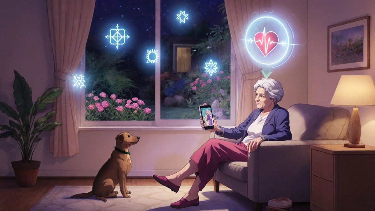 Grandmother doing home rehab via video call with glowing virtual coach, smartwatch projecting heart monitor.
