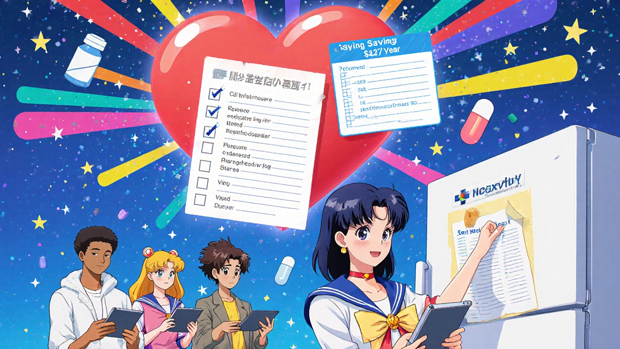 Group of people with tablets connected to a heart-shaped savings display, woman taping med list to fridge.