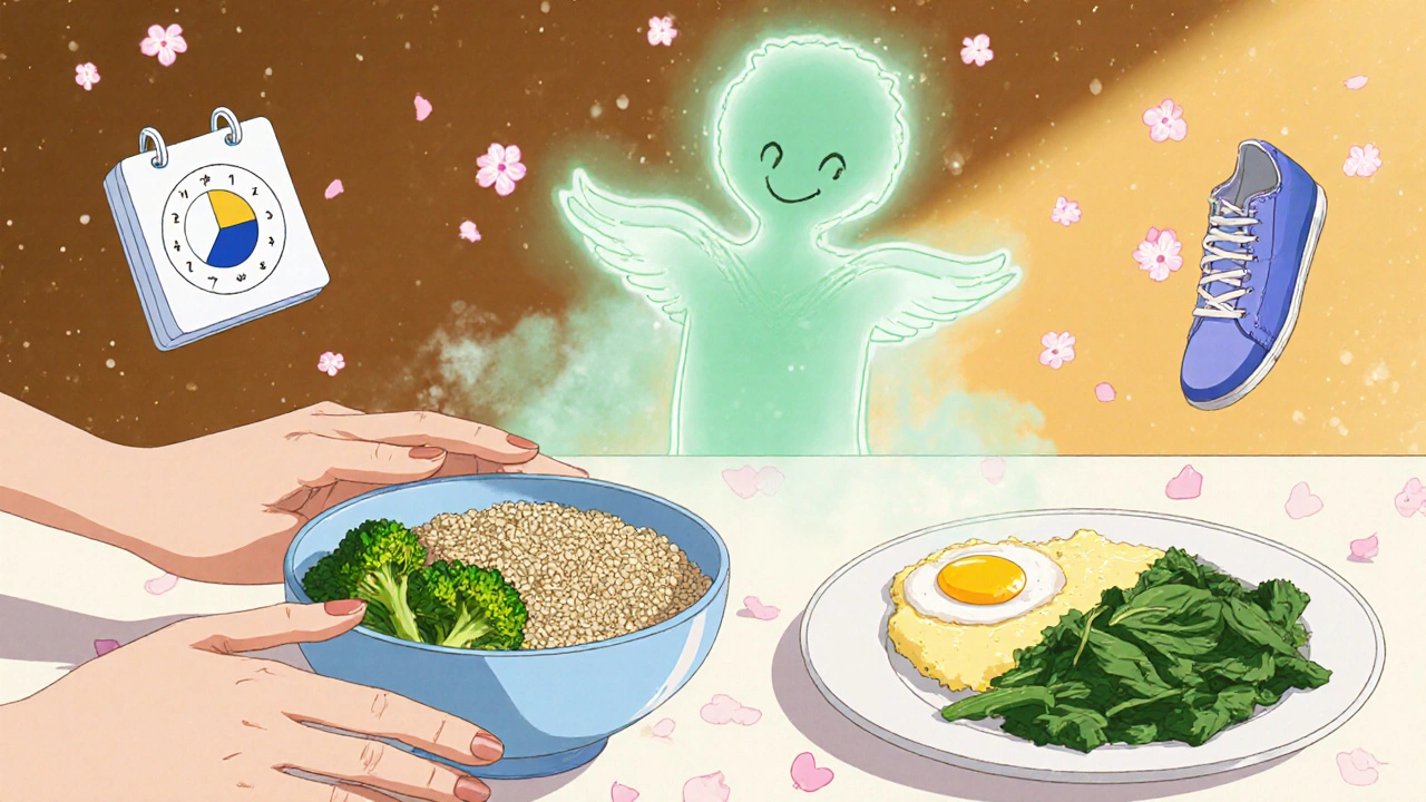 Hands placing healthy breakfast on a table as a shrinking fat spirit fades away, with sleep and movement icons floating nearby.