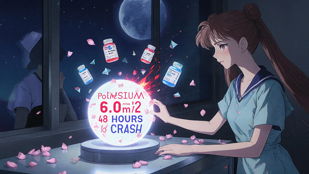 Holographic blood test showing dangerous potassium spike with AI warning and shattering pills