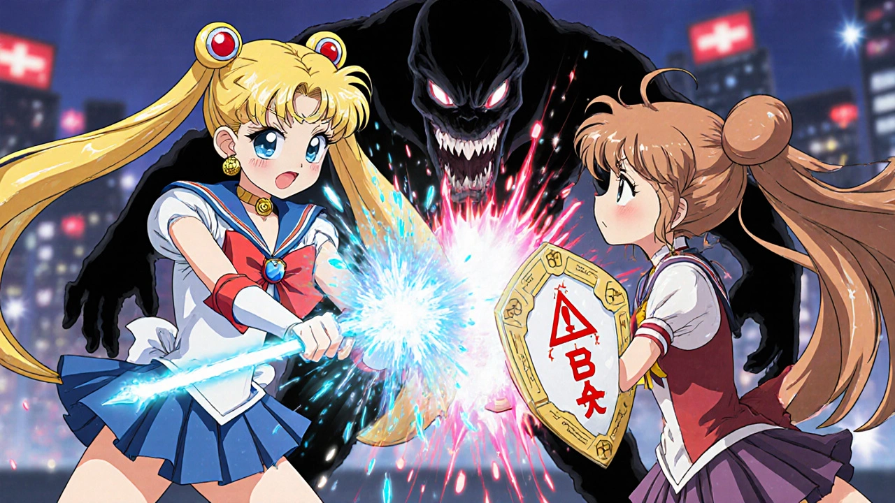 Magical girl battle over electrolyte imbalance with NSAID monster and warning runes