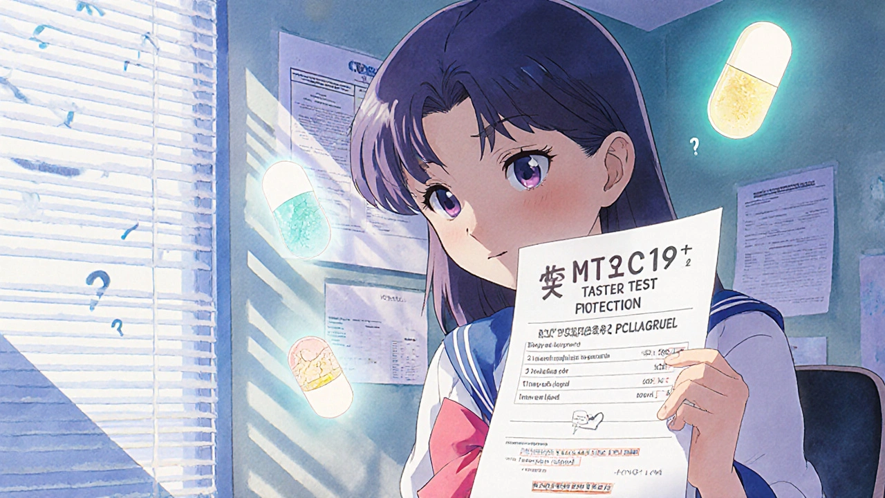 Patient holding genetic test result as two glowing pills hover, doctor’s office with floating charts.