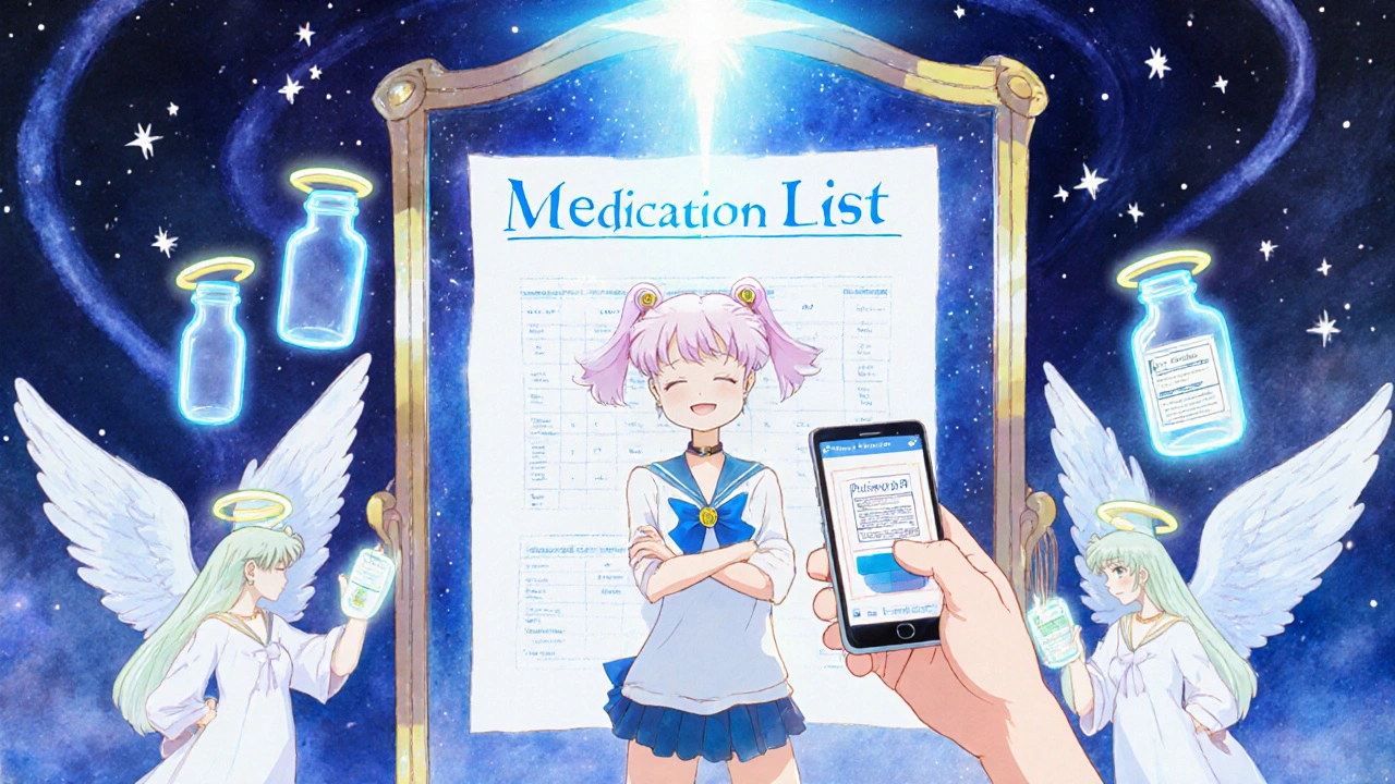 Patient standing before a mirror reflecting their correct medication list, empty bottles turned into glowing guardian spirits