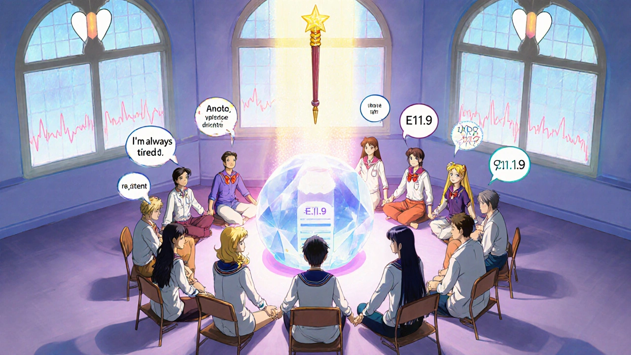 Patients and doctors in a circle, connected by light as medical codes and plain-language terms float together in harmony.