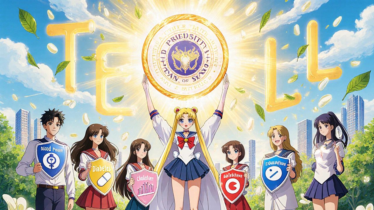 Patients hold transforming pills that become shields, standing in a garden as a pharmacist in a cape holds a glowing FDA seal.