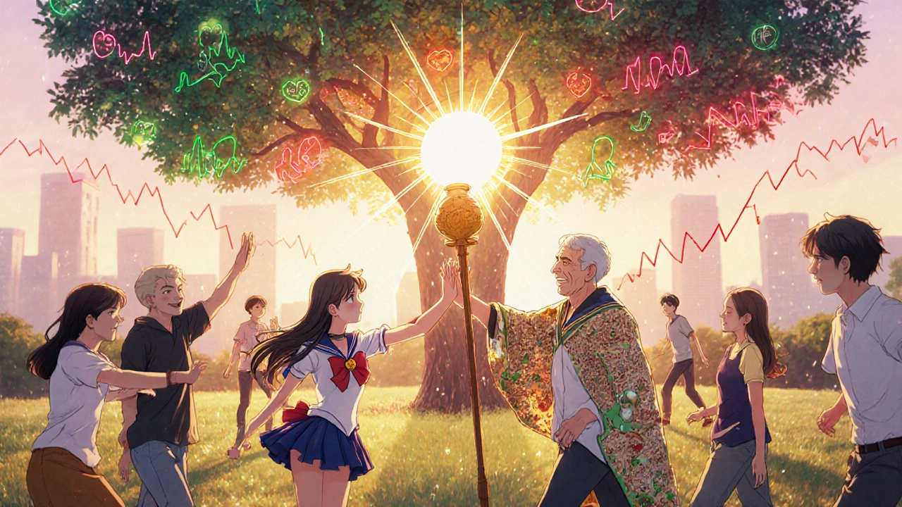 People exercising in a park under a tree with HbA1c leaves turning green, a radiant champion figure raising a sun-topped staff.