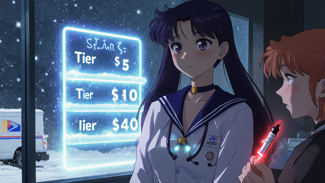 Pharmacist beside glowing medicine shelf showing cost differences, with insulin pen glowing red.