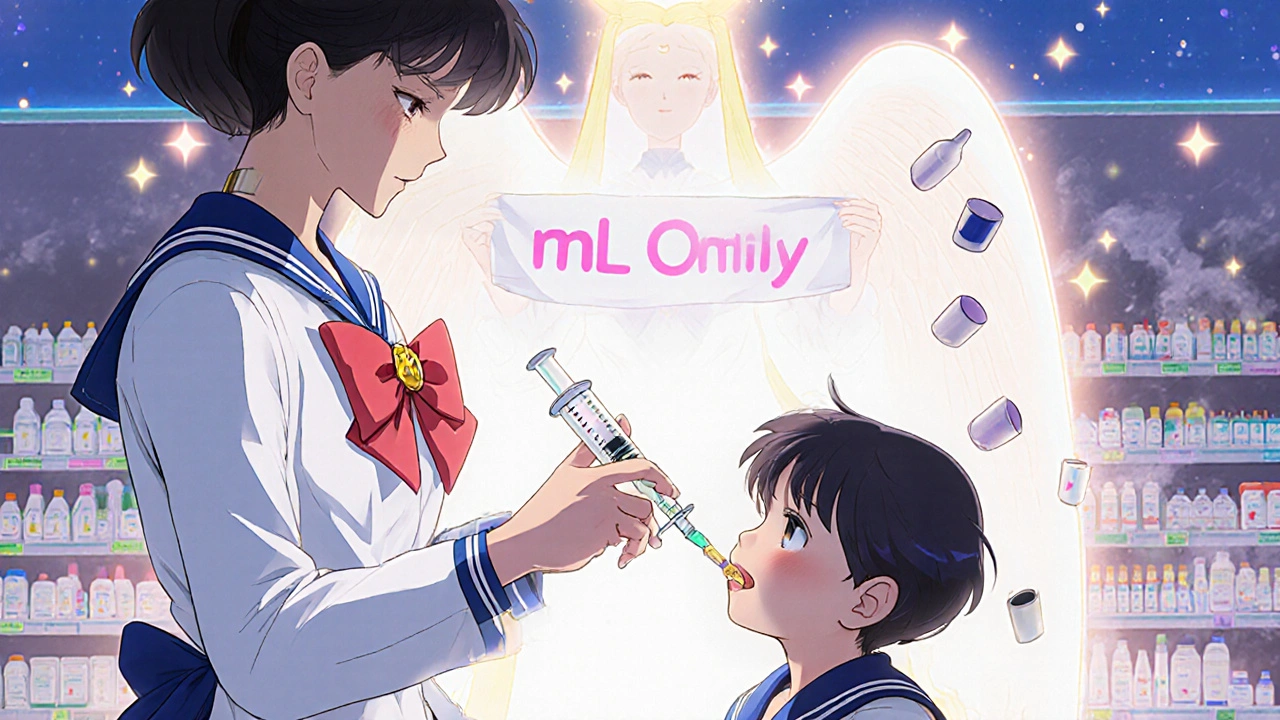 Pharmacist giving a child an accurate oral syringe while magical symbols remove unsafe tools.