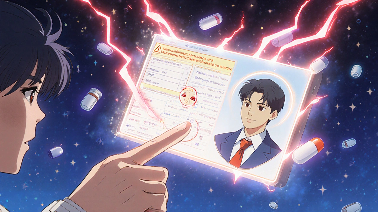 Pharmacist pointing at glowing medication interaction warnings during a video call, with energy lines and floating pill bottles.