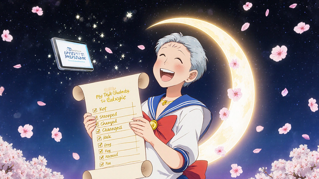 Senior holding a magical summary scroll of medication changes, with a glowing portal and cherry blossoms in the background.