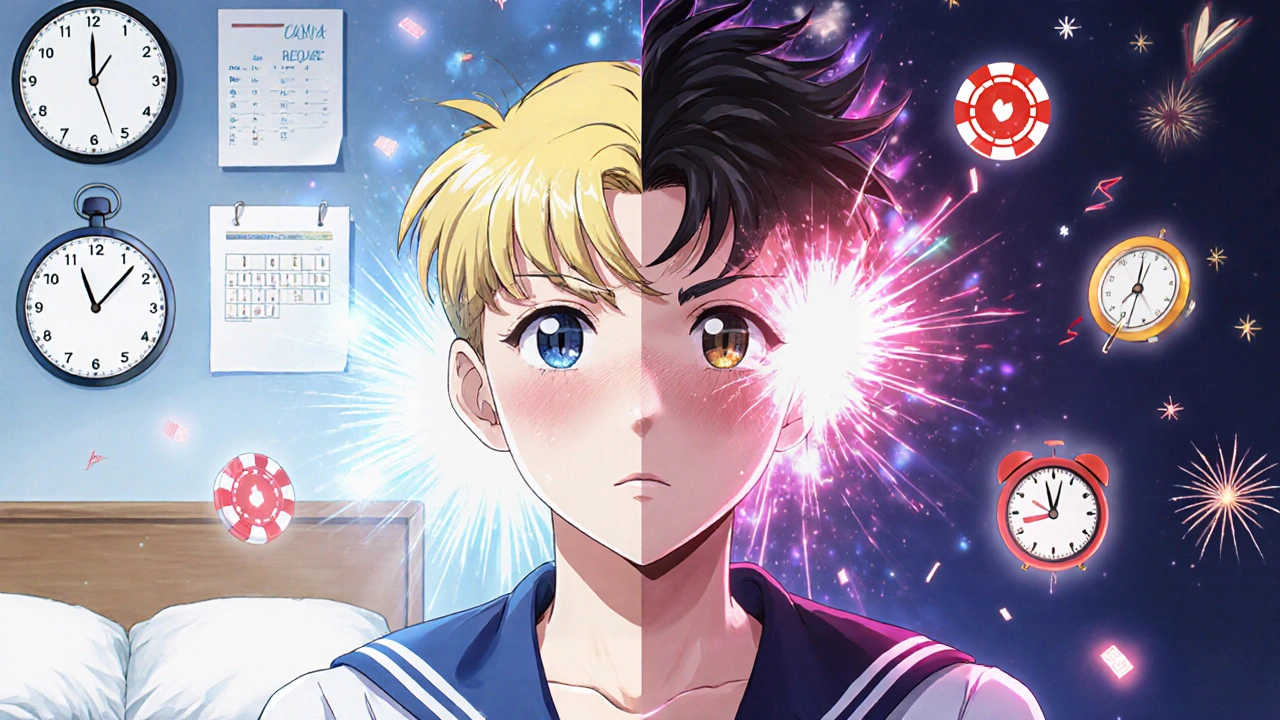 Two patients in a psychiatrist&#039;s office, one calm and routine-bound, the other swirling with manic energy.