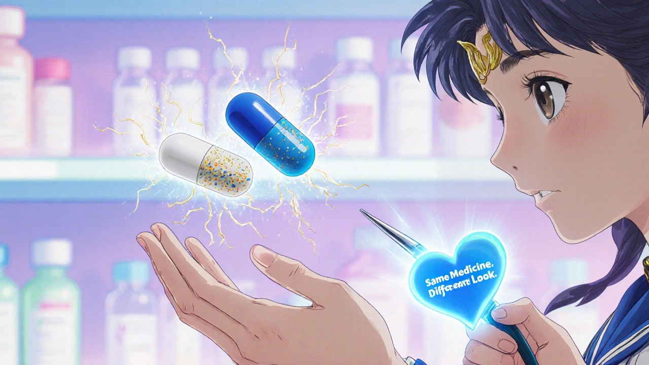 Two pills float in midair with golden threads connecting their identical molecular structures, illuminated by magical pharmacy light.