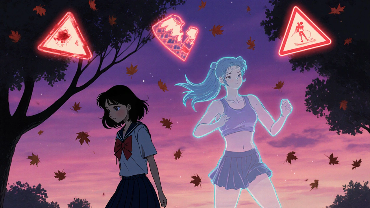 Woman walking in park with ominous bleeding symbols above her, shadow of her past self behind.