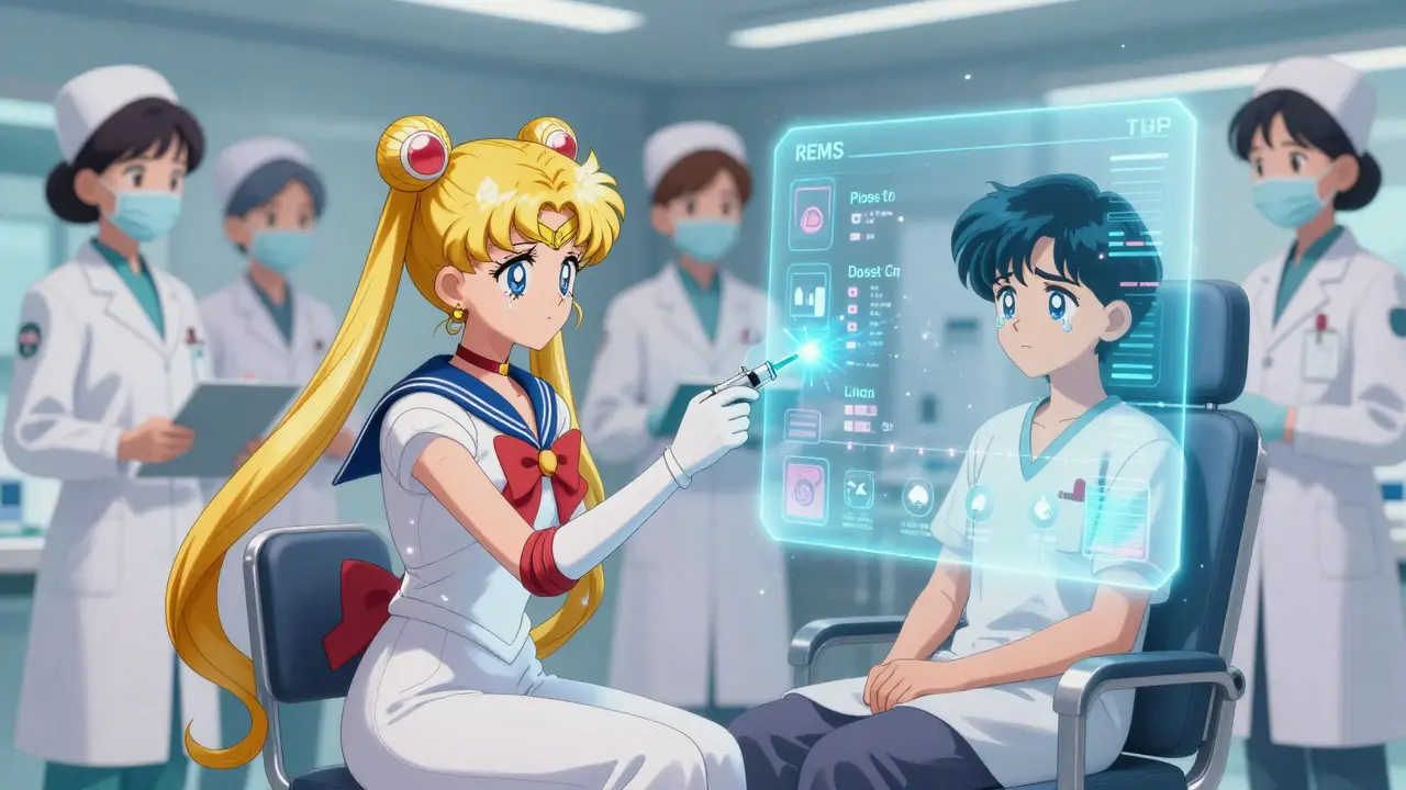 A clinical team using holograms to guide a patient through specialty drug administration with glowing light effects.