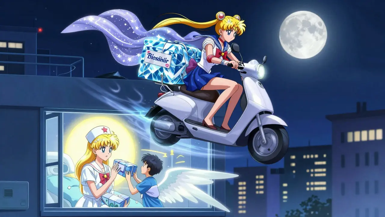 A courier delivers a glowing biosimilar package at night as a starry guardian watches over a patient receiving it.