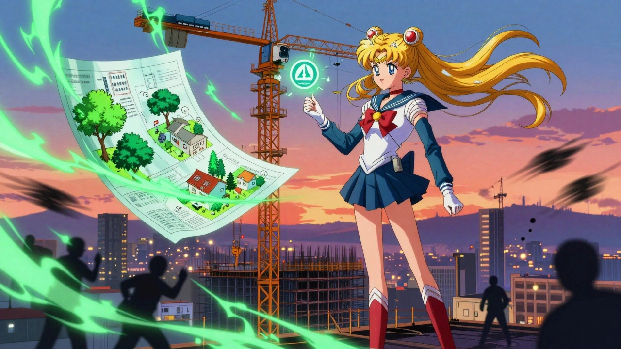 A developer on a crane watches housing blueprints turn into trees as regulatory energy flows around a construction site.