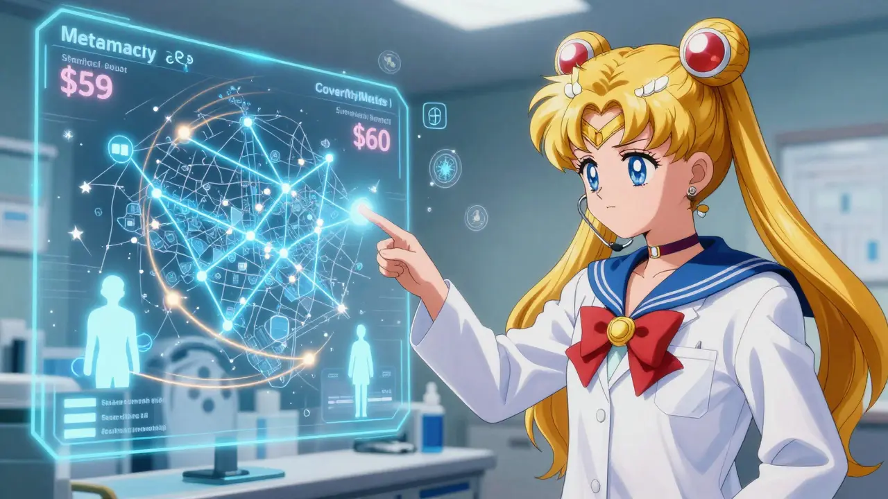 A doctor uses a holographic screen to show real-time drug prices across the city, with energy lines connecting clinics to pharmacies.