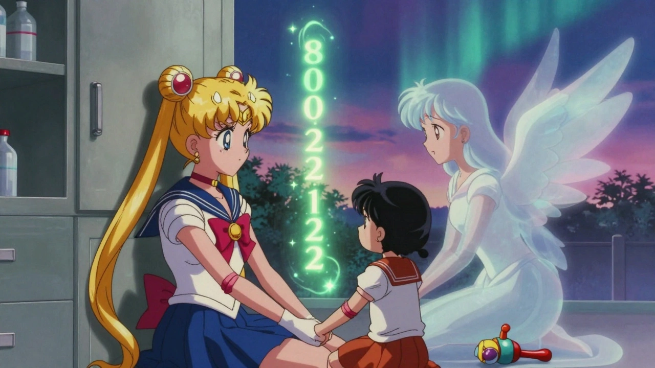 A family standing before a locked medicine cabinet with a glowing poison control number in the air.