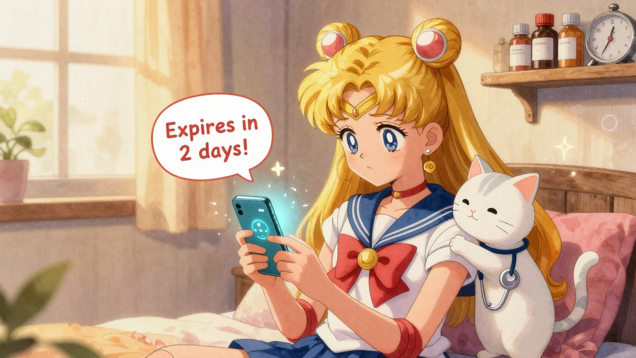 A girl scanning an inhaler on her phone at home, with animated expiry alerts and a cat companion in warm lighting.