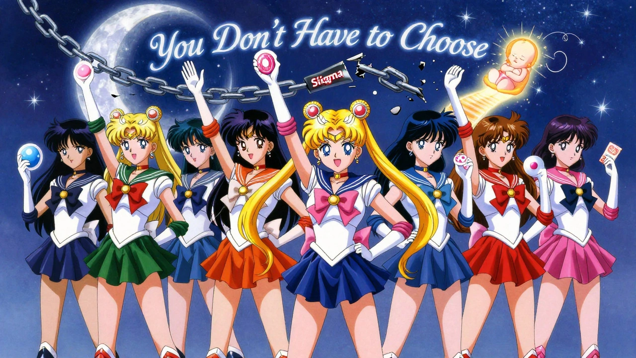 A group of women with epilepsy stand united under the moon, transforming birth control methods into protective shields.