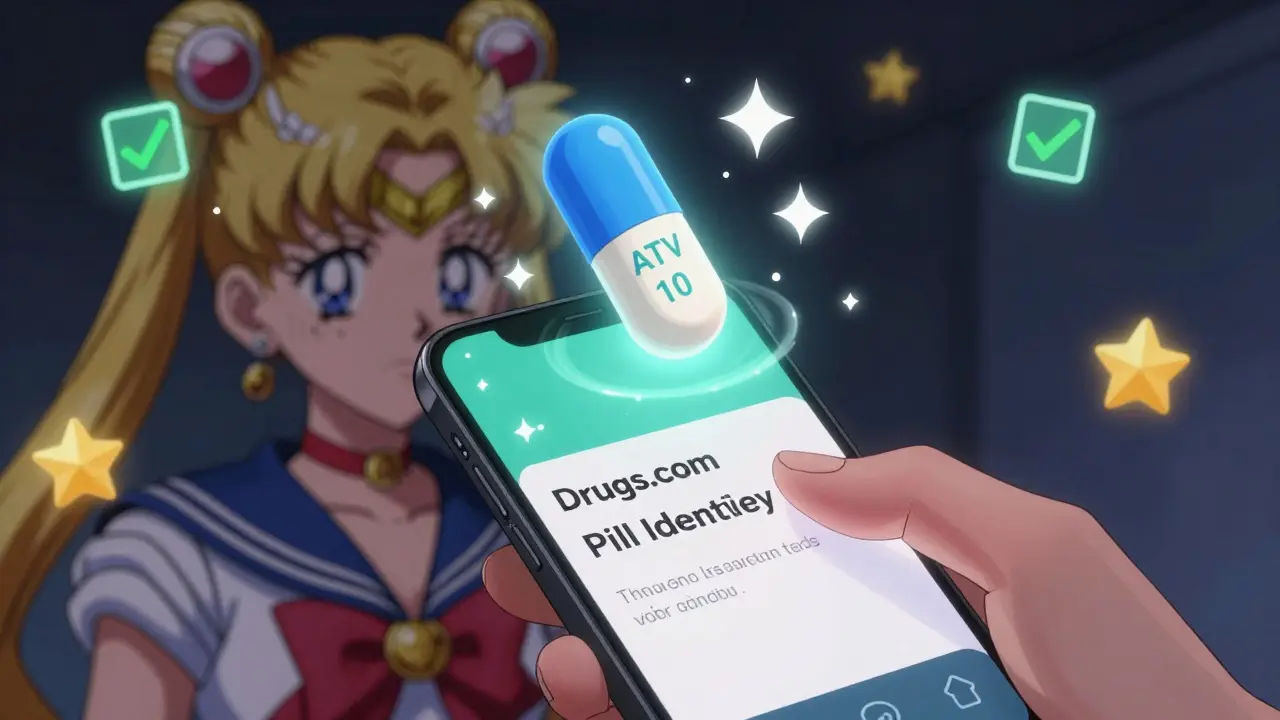 A hand uses a phone to identify a changing pill with animated confirmation symbols.