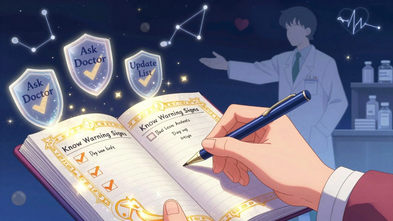 A hand writes a glowing medication list with protective symbols floating around it in anime style.