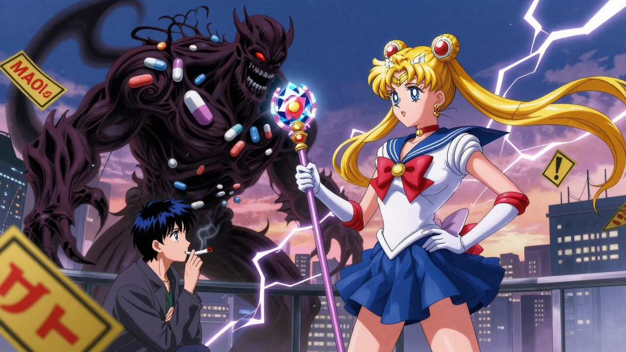 A hero with a bupropion staff fighting dangerous drug shadows in a dramatic anime scene.