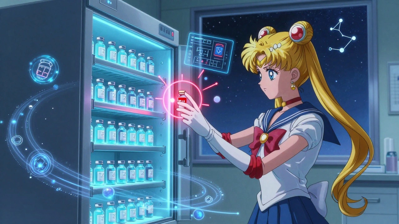 A high-tech medication cabinet with glowing vials and AI prediction orbs, a nurse reaching for insulin under neon lights.