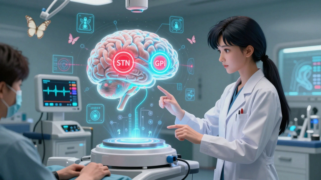 A holographic brain shows STN and GPi targets being mapped with glowing runes and beta waves during a futuristic surgery.