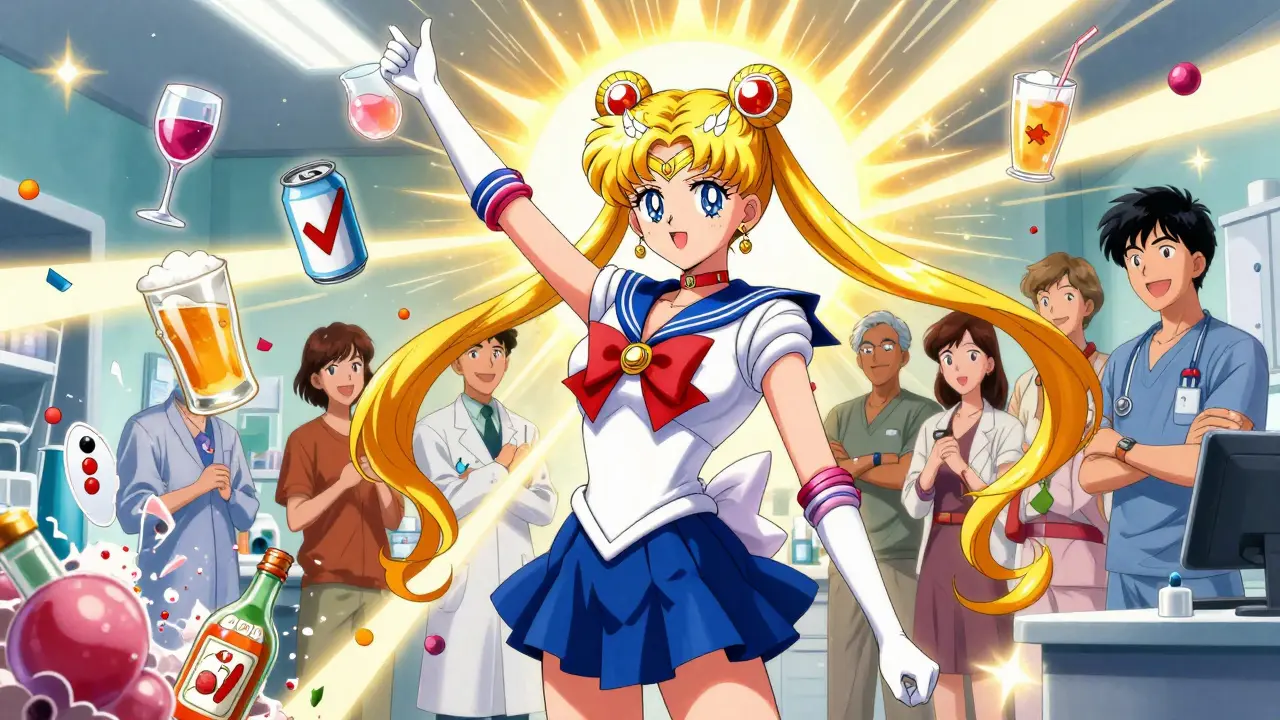 A medical superheroine defeats dangerous drinks with safe alternatives, surrounded by patients wearing alert bracelets.