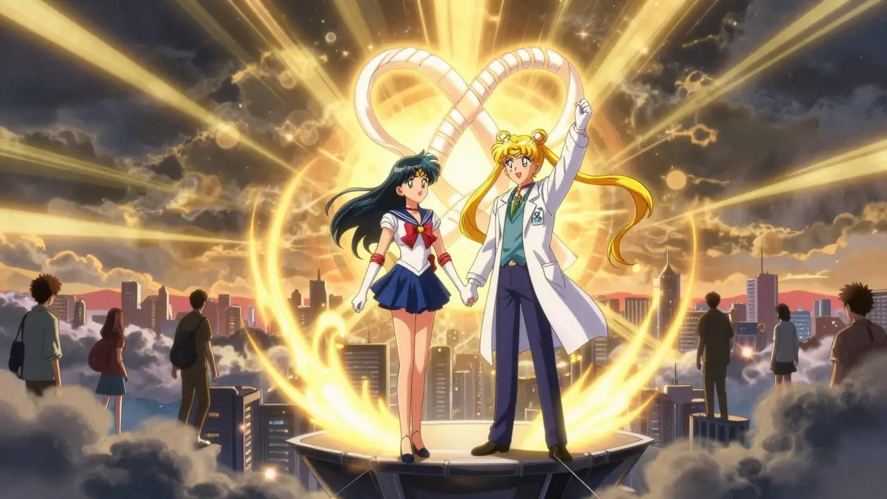 A neurologist and patient stand together as a radiant CGRP inhibitor symbol rises over a hopeful city.