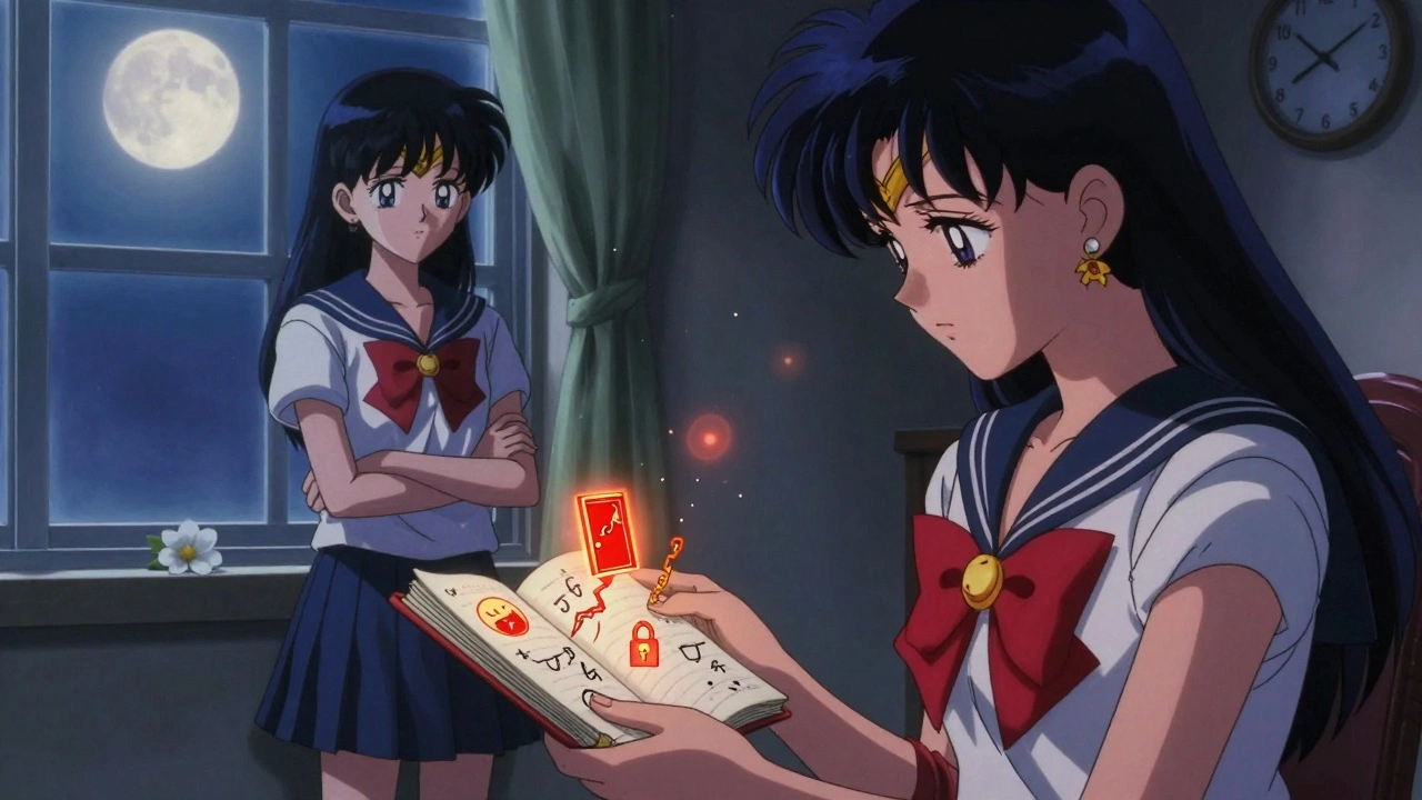 A parent holds a journal with glowing emotional symbols as their teen stands nearby under moonlight.
