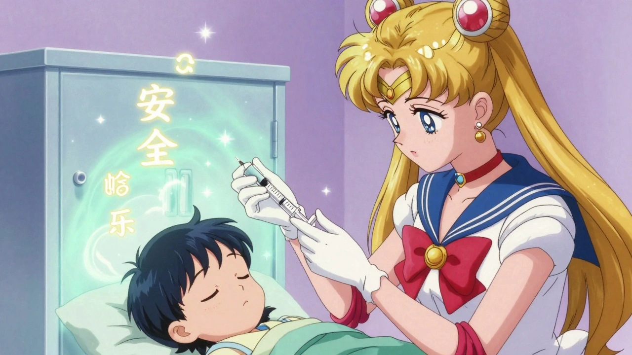 A parent using a labeled syringe to give medicine to a child, with a locked cabinet in the background.