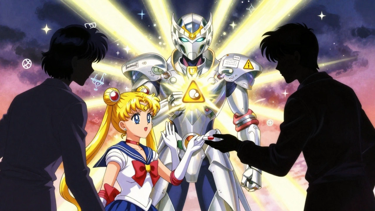 A patient refuses dangerous pills as a guardian offers a safe alternative, surrounded by medical symbols and light.