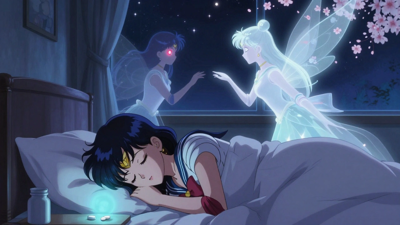 A person sleeping peacefully with a glowing pill and two spirit figures dancing above.