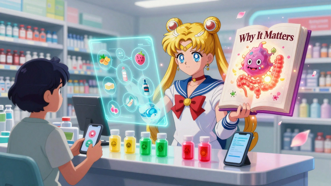 A pharmacist gives color-coded stickers to patients as holograms show food-medicine interactions in a futuristic anime pharmacy.
