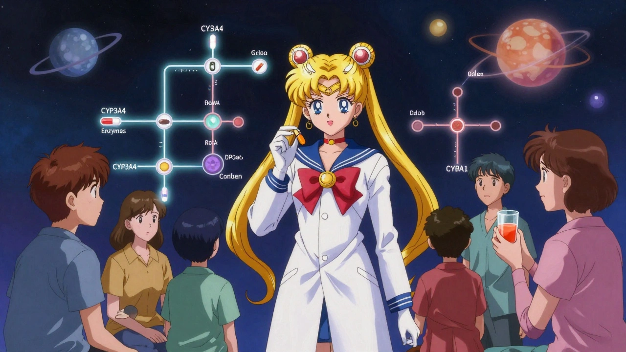 A pharmacist guides patients through a cosmic web of medication pathways in a magical pharmacy.