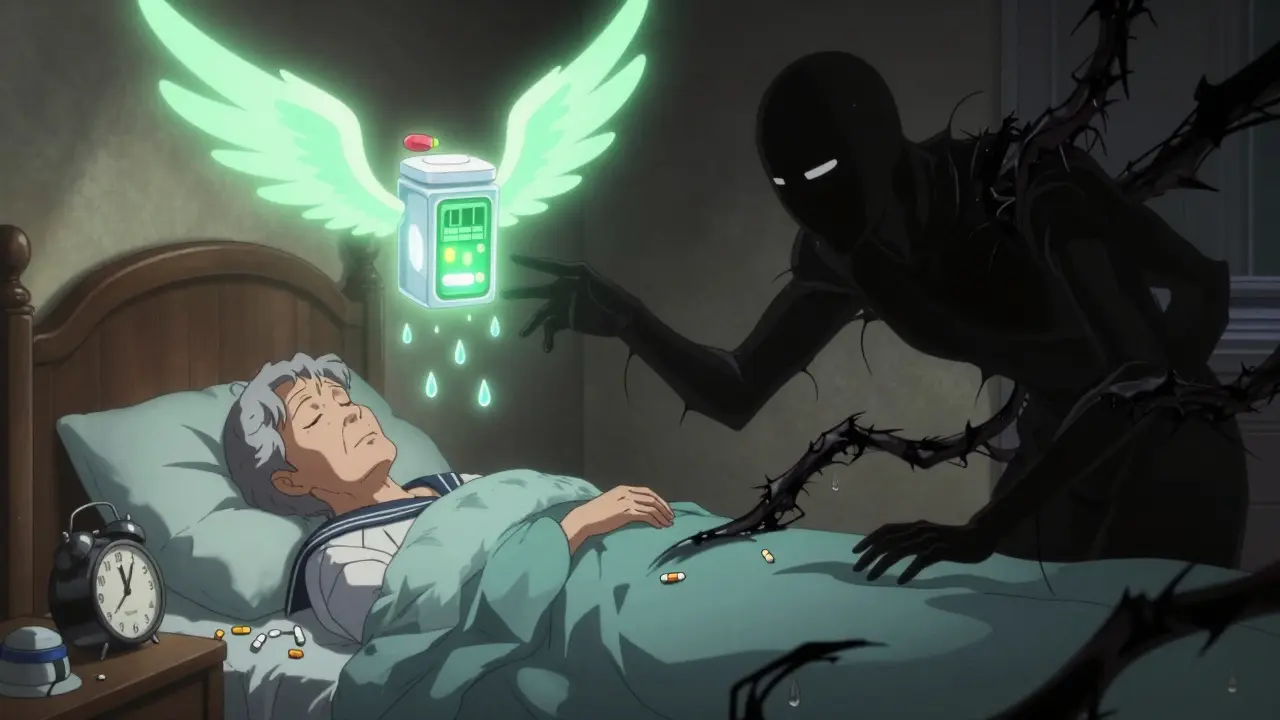 A protective glowing pillbox with wings shields a vulnerable patient from shadowy non-adherence tendrils in a dramatic anime scene.