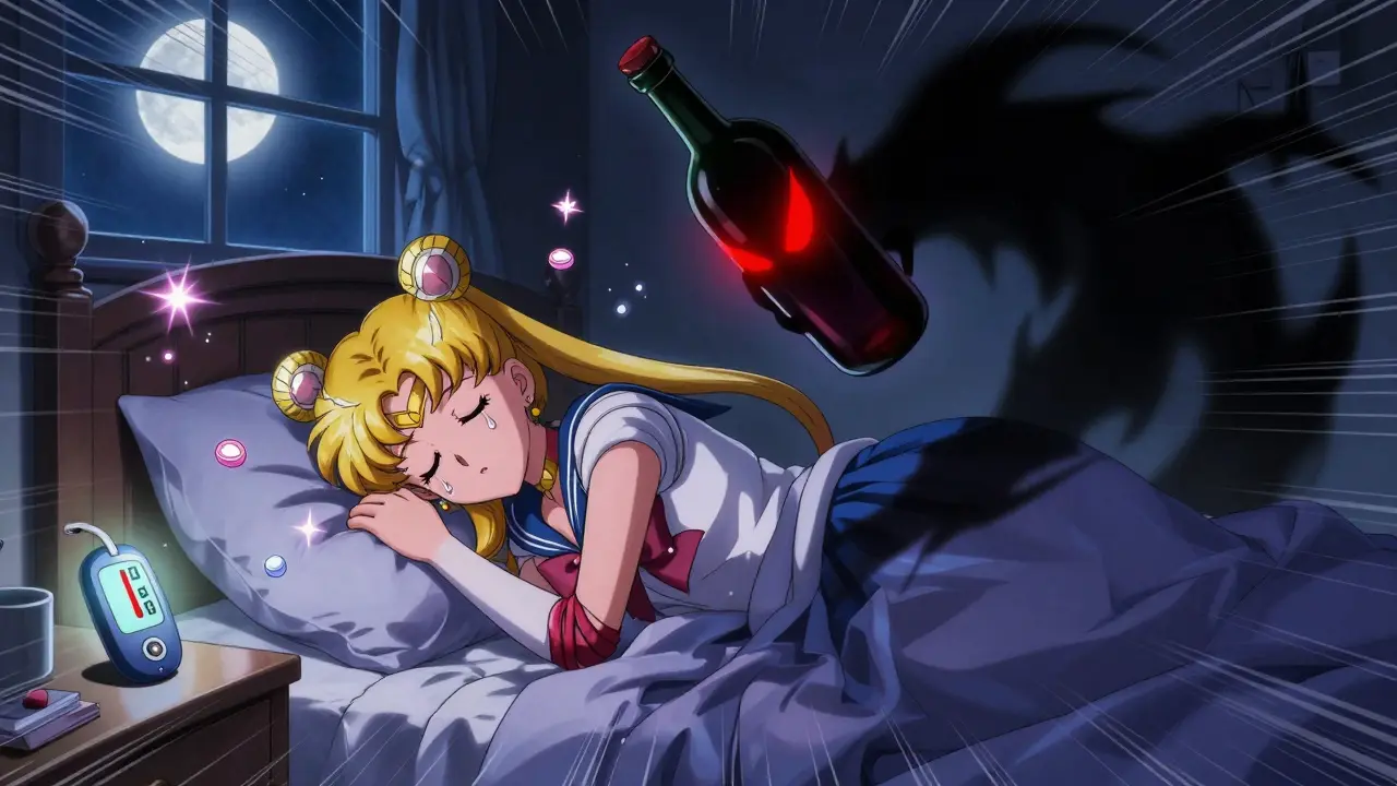 A sleeping person with a dropping glucose meter above them, a shadowy alcohol bottle looming in the moonlit room.